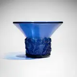 René Lalique, Farandole vase, c. 1930, cornflower blue glass with white patina