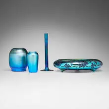 Steuben and Durand, Collection of four vessels, c. 1910, hand-blown and acid-etched Aurene glass, hand-blown glass