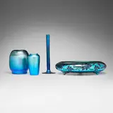 Steuben and Durand, Collection of four vessels, c. 1910, hand-blown and acid-etched Aurene glass, hand-blown glass