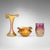 Quezal, Collection of three vases, c. 1910, hand-blown glass
