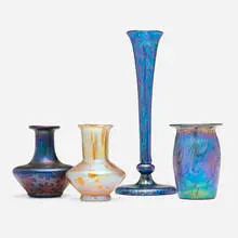 Bohemian, Collection of four vases, c. 1910, hand-blown glass, gilt hand-blown glass