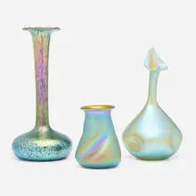 Collection of three vases by Loetz, c. 1898, 1900, hand-blown glass, sold Jul 2025