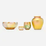 Collection of four vessels by Tiffany Studios, c. 1900, hand-blown Favrile glass, sold Jul 2025