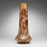 Daum, Tall vase with irises, c. 1900, acid-etched, enameled, and gilt glass