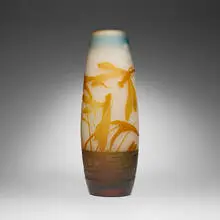 Scenic vase with dragonflies by Galle, c. 1910, acid-etched cameo glass, sold Jul 2025