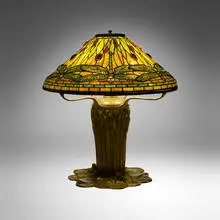 Tiffany Studios, Exceptional jeweled Dragonfly table lamp, c. 1900, leaded glass, Favrile glass, patinated bronze
