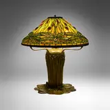 Exceptional jeweled Dragonfly table lamp by Tiffany Studios, c. 1900, leaded glass, Favrile glass, patinated bronze, sold Jul 2025