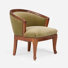 Armchair by Louis Majorelle, c. 1910, microfiber upholstery, mahogany, patinated steel tacks, sold Jul 2025