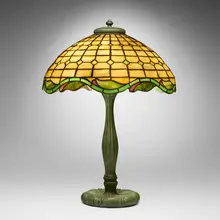 Duffner & attribution Kimberly, Geometric leaded lamp, c. 1910, leaded glass, patinated metal