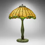Duffner & attribution Kimberly, Geometric leaded lamp, c. 1910, leaded glass, patinated metal