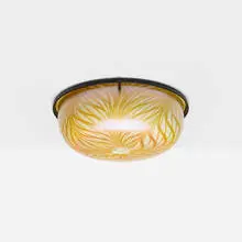 Fishnet ceiling fixture shade by Quezal, c. 1910, hand-blown glass, patinated bronze, sold Jul 2025