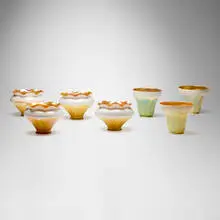 attribution Steuben, Collection of seven pulled-feather shades, c. 1910, hand-blown glass
