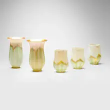 Collection of five pulled-feather shades by Quezal, c. 1910, hand-blown glass, sold Jul 2025