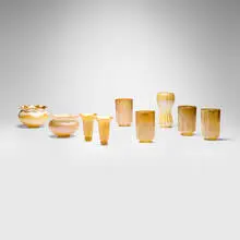 Collection of nine shades by Quezal, c. 1910, hand-blown glass, sold Jul 2025