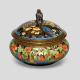 Fairyland Lustre Willow covered box, pattern Z5407 by Daisy Makeig-Jones for Wedgwood, c. 1925, glazed, enameled, and gilt porcelain, sold Jul 2025