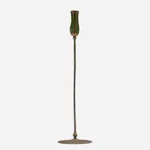 Blown-out candlestick by Tiffany Studios, c. 1910, patinated bronze, hand-blown glass, sold Jul 2025