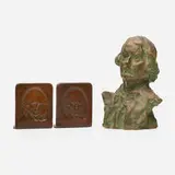 Jerome Connor for Roycroft, Bust of Elbert Hubbard and a pair of portrait bookends, glazed and painted terracotta, leather and fabric over iron and cardboard