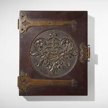 Elbert Hubbard, Contemplations with Roycroft presentation box, 1902-1920, modeled leather-bound book, photogravure on paper, hand-carved mahogany, metal, suede