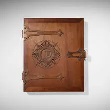 Citizens of Albert Lea, An Appreciation of Thomas W. Lawson with Roycroft presentation box, 1905, full leather-bound book, suede, monotype, watercolor, and ink on paper, hand-carved walnut, metal