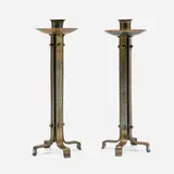 Roycroft, Tall strap-form candlesticks model 412, pair