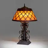 Roycroft, Table lamp, model 070 with associated Arts & Crafts shade, c. 1901, enameled and handwrought iron, brass, Japanese wicker, silk