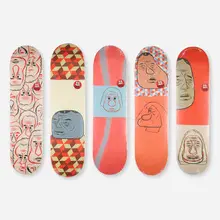 Barry McGee, Collection of five skateboard decks (from the Barry McGee X Baker Skateboards series), 2021, offset lithographs in colors on maple plywood