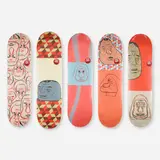 Barry McGee, Collection of five skateboard decks (from the Barry McGee X Baker Skateboards series), 2021, offset lithographs in colors on maple plywood