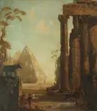 Continental School, Figures Amongst Ancient Ruins and Pyramid, Oil on canvas in "as is" condition