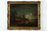 Dutch School, Moonlit Village with Windmill, MOONLIT VILLAGE WITH WINDMILL, oil on canvas