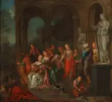 Figures Gathered in a Classical Setting with Dog by Italian School, FIGURES GATHERED IN A CLASSICAL SETTING WITH DOG, oil on canvas, sold Apr 2017