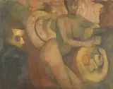 Latin American School, PORTRAIT OF RECLINING FEMALE NUDE WITH FRUIT, (for restoration)> oil on canvas, PORTRAIT OF RECLINING FEMALE NUDE WITH FRUIT, (for restoration)> oil on canvas