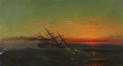 David Saint John, Burning Ship at Sunset, Oil on canvas