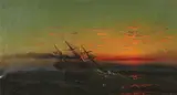 David Saint John, Burning Ship at Sunset, Oil on canvas