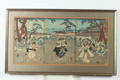 Japanese School, Contest, Three color woodcut prints on paper, mounted together, signed