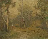 Clark Summers Marshall, Woodland Landscape with Figure on Path, Oil on board
