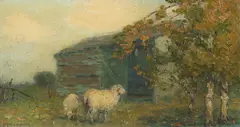 Clark S. Marshall, Sheep by Barn in Meadow, Oil on board