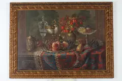 Table Top Still Life with Silver and Fruit on Oriental Rug by Ernst Czernotzky, Oil on canvas, offered Jun 2017