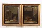 Belgian School, Street Scenes at Night: Pair, Oil on canvas