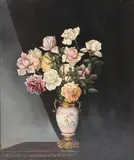 Continental School, Still Life with Vase of Roses, Oil on canvas in "as is " condition