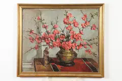 Fannie S. Eanes, Still Life with Cherry Blossoms in Brass Vase with Oriental Figure, Oil on canvas laid down on board