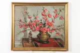 Fannie S. Eanes, Still Life with Cherry Blossoms in Brass Vase with Oriental Figure, Oil on canvas laid down on board