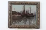 William Watt Milne, Crescent Moon Over Harbor, Oil on board