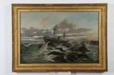 Shipwreck on Rocky Coast with Distant Lighthouse and Flare by Jean Antoine Théodore Gudin, Oil on canvas, sold Sep 2017