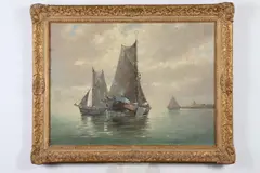 Franz Ambrasath, Sailboats with Distant Windmill, Oil on canvas