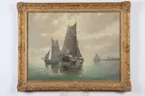 Franz Ambrasath, Sailboats with Distant Windmill, Oil on canvas
