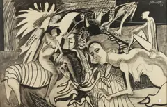 James Strombotne, Nude Figures, Charcoal and ink
