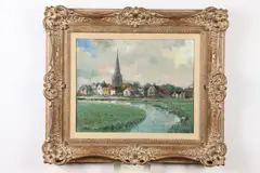 Antoon Heinsbergen, European Town Along Stream, Oil on canvas