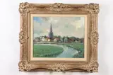 Antoon Heinsbergen, European Town Along Stream, Oil on canvas