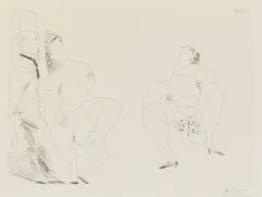 Untitled by Pablo Picasso, 1881-1973) 'Degas in Top Hat Viewing Two Nudes' (Bloch 1961) etching, sold Oct 2022