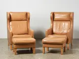 Pair of high-back wing chairs with matching ottomans by Børge Mogensen for Fredericia Stolefabrik, sold Mar 2022